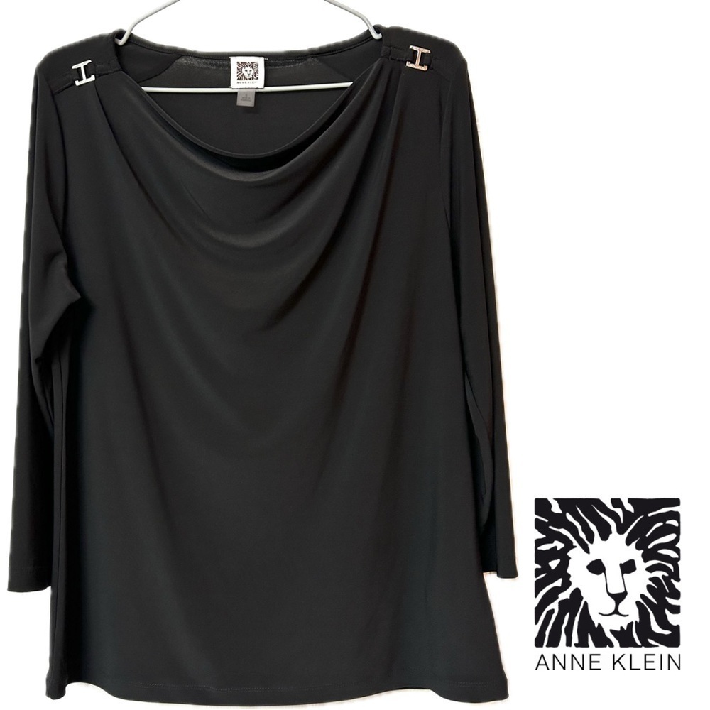Anne Klein Drape Neck 3/4 Sleeve Black Jersey Top Shoulder Detail Size S